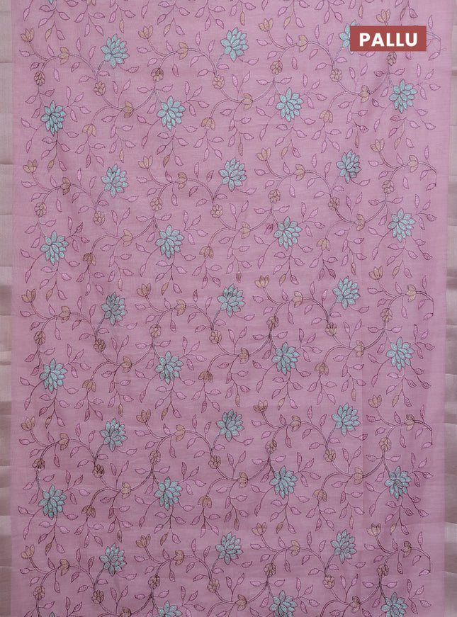 Cotton Saree light pink with allover kantha work and zari woven border