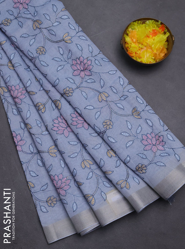 Cotton Saree grey with allover kantha work and zari woven border