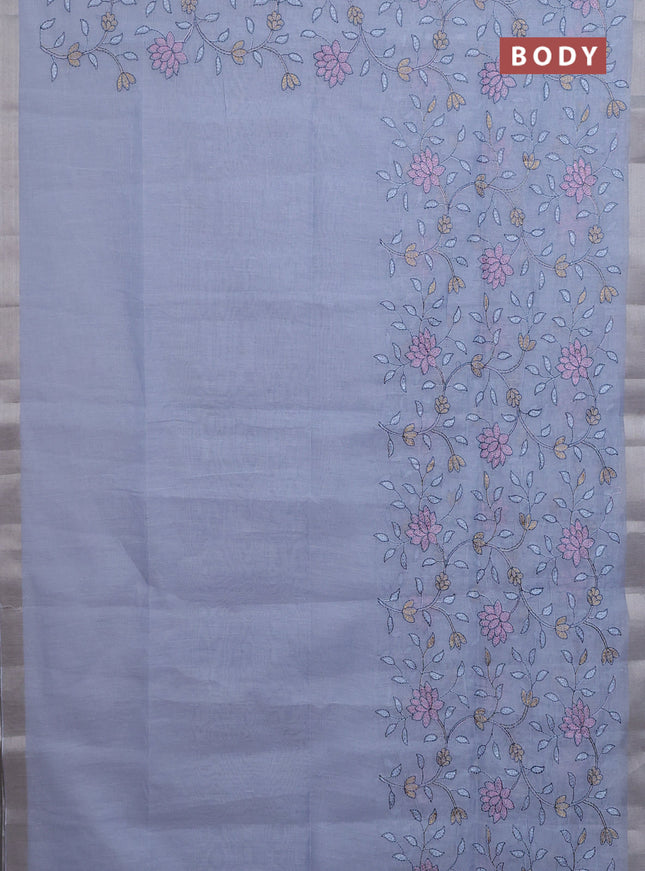 Cotton Saree grey with allover kantha work and zari woven border