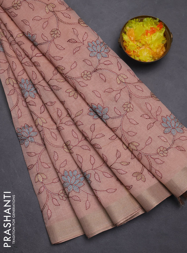 Cotton Saree peach shade with allover kantha work and zari woven border