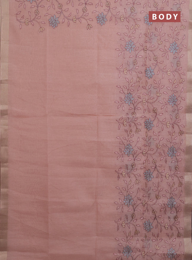 Cotton Saree peach shade with allover kantha work and zari woven border
