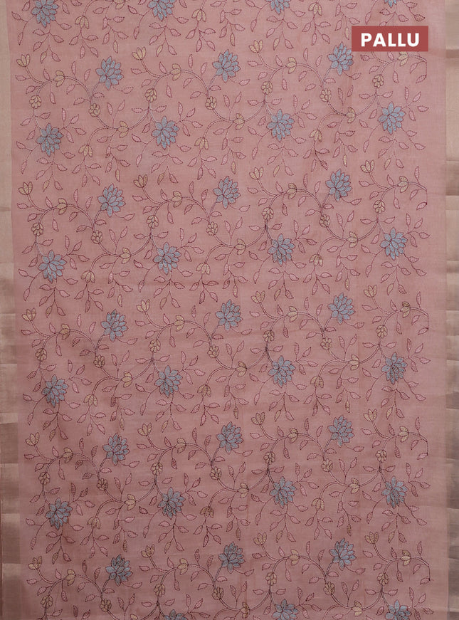 Cotton Saree peach shade with allover kantha work and zari woven border