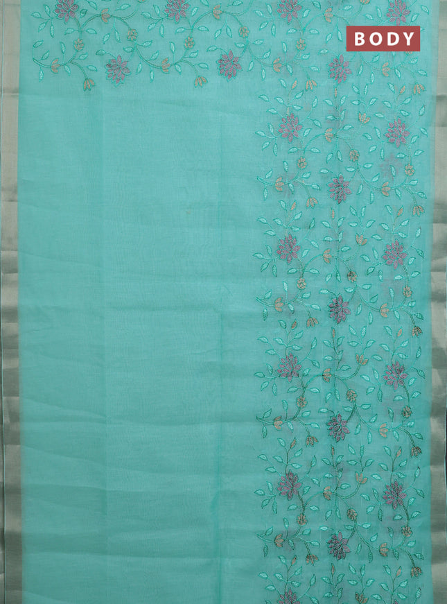 Cotton Saree teal blue with allover kantha work and zari woven border