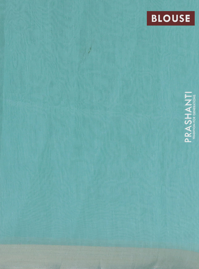 Cotton Saree teal blue with allover kantha work and zari woven border