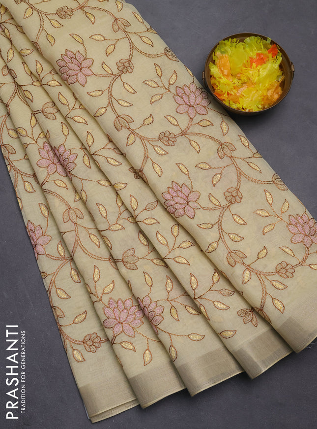 Cotton Saree pale yellow with allover kantha work and zari woven border
