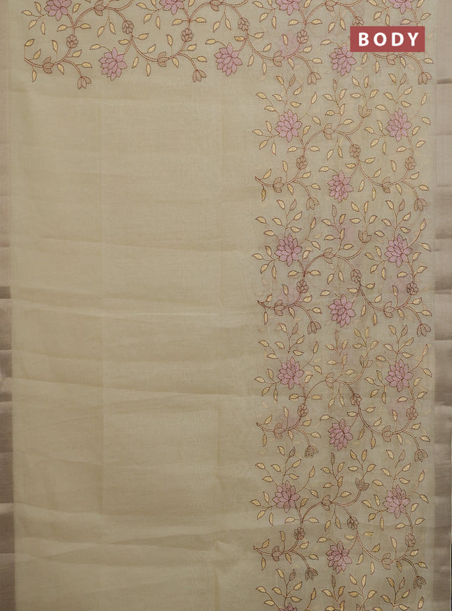 Cotton Saree pale yellow with allover kantha work and zari woven border
