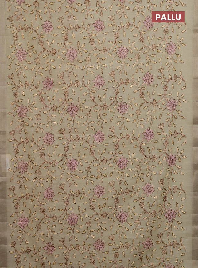 Cotton Saree pale yellow with allover kantha work and zari woven border