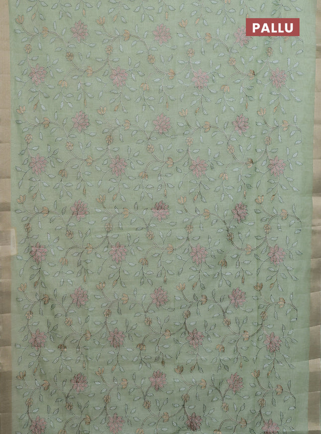 Cotton Saree pista green with allover kantha work and zari woven border