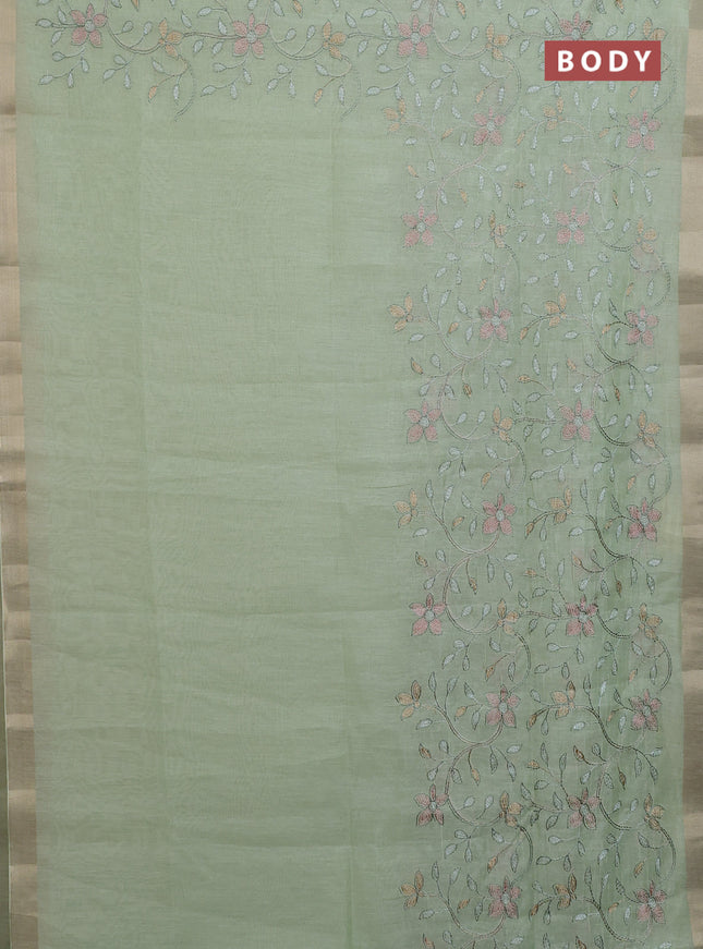 Cotton Saree pista green with allover kantha work and zari woven border