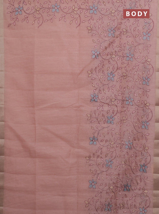 Cotton Saree peach shade with allover kantha work and zari woven border