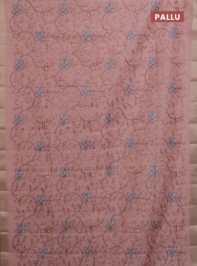 Cotton Saree peach shade with allover kantha work and zari woven border