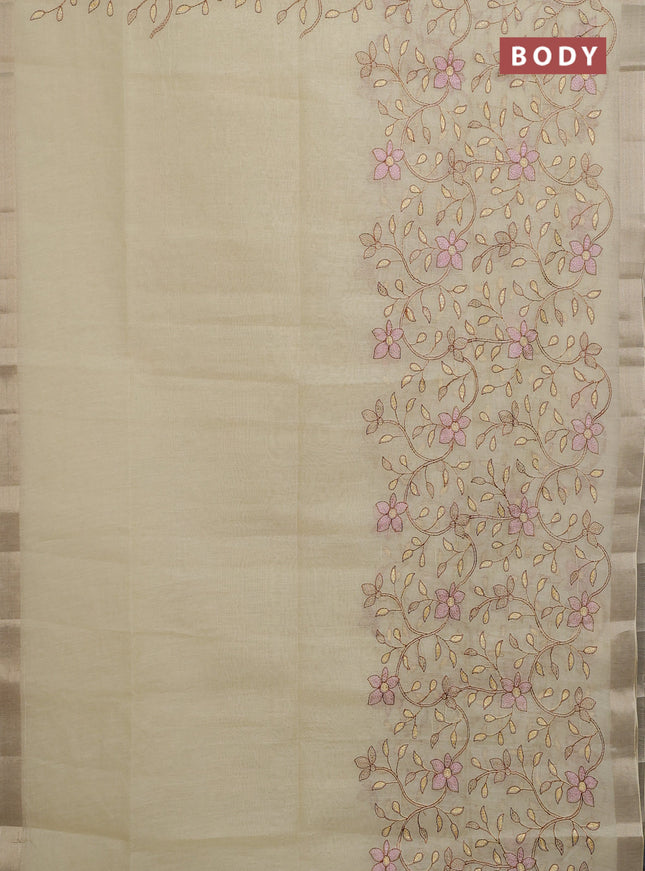 Cotton Saree pale yellow with allover kantha work and zari woven border