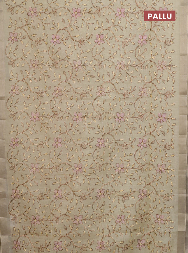 Cotton Saree pale yellow with allover kantha work and zari woven border