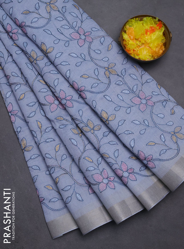 Cotton Saree grey with allover kantha work and zari woven border