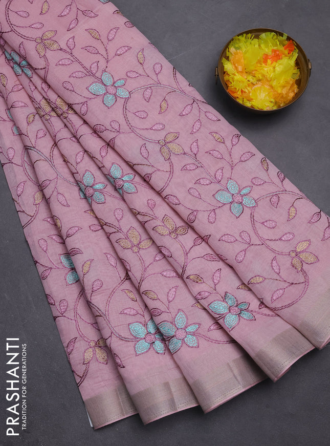 Cotton Saree pastel pink with allover kantha work and zari woven border