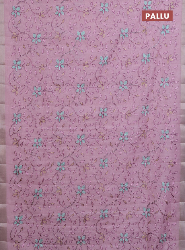 Cotton Saree pastel pink with allover kantha work and zari woven border
