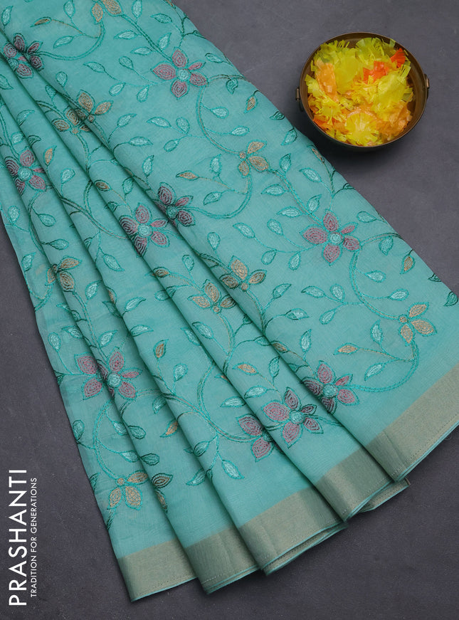 Cotton Saree teal blue with allover kantha work and zari woven border