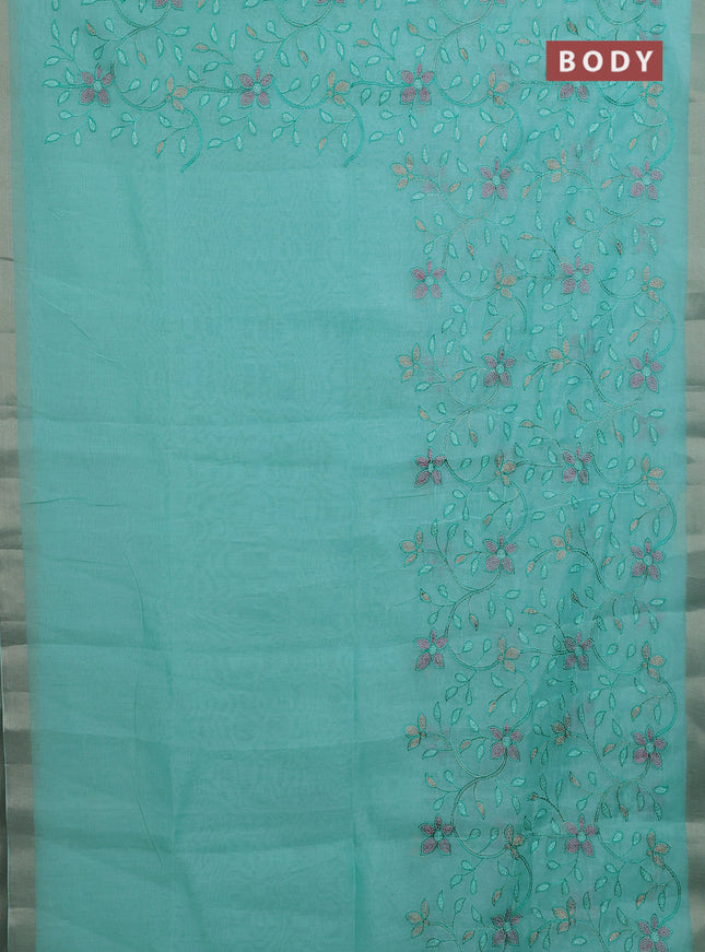 Cotton Saree teal blue with allover kantha work and zari woven border