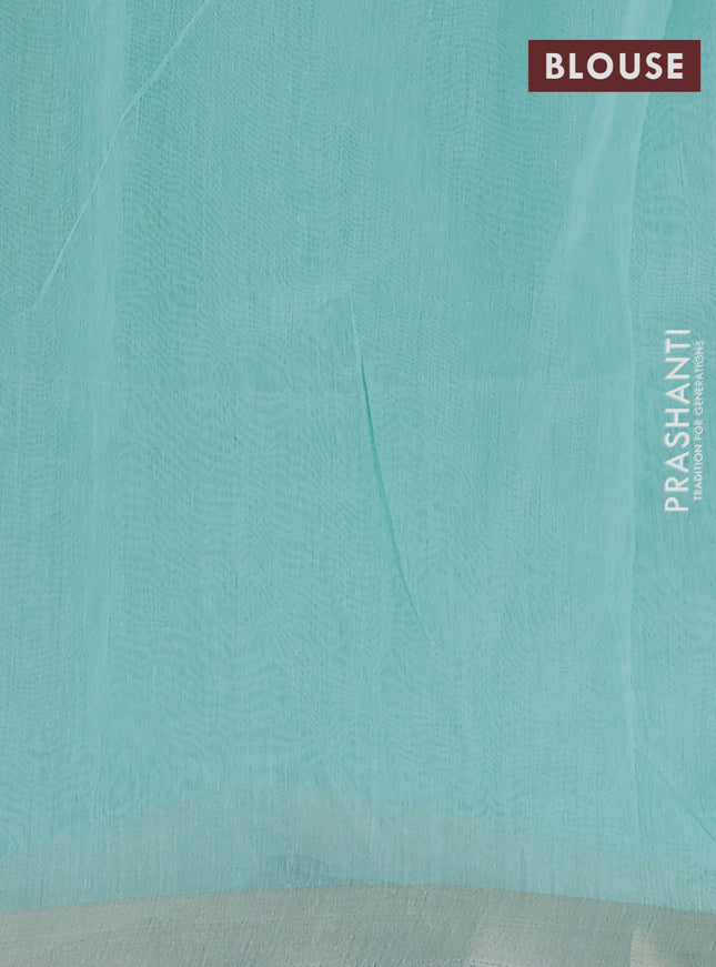 Cotton Saree teal blue with allover kantha work and zari woven border