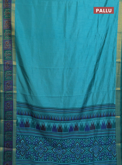 Semi tussar saree dual shade of teal blue with plain body and ikat woven zari border