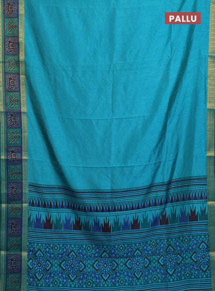 Semi tussar saree teal blue with plain body and ikat woven zari border