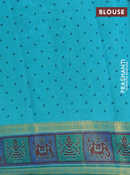 Semi tussar saree teal blue with plain body and ikat woven zari border