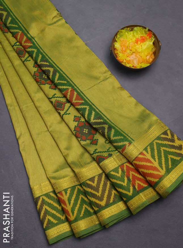 Semi tussar saree dual shade of light green with plain body and ikat woven zari border