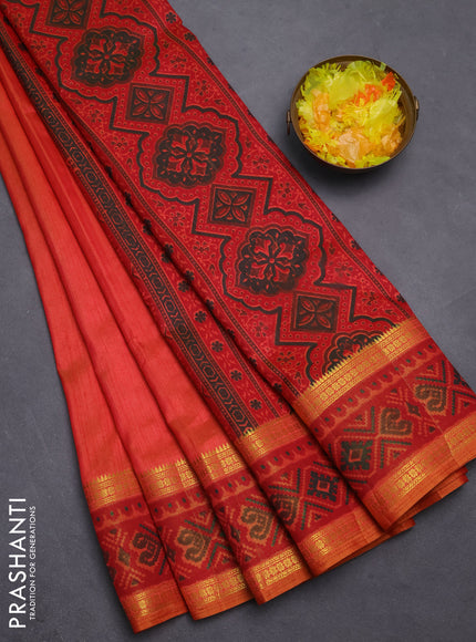 Semi tussar saree dual shade of pinkish orange with plain body and ikat woven zari border