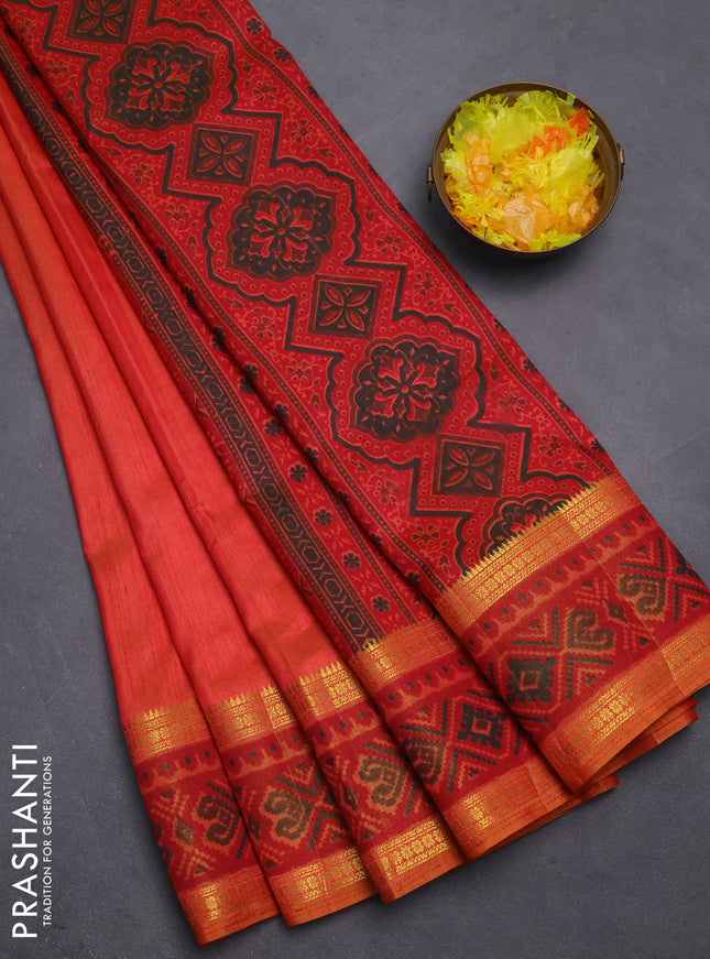 Semi tussar saree dual shade of pinkish orange with plain body and ikat woven zari border