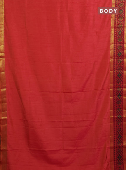 Semi tussar saree dual shade of pinkish orange with plain body and ikat woven zari border