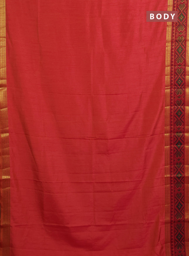 Semi tussar saree dual shade of pinkish orange with plain body and ikat woven zari border