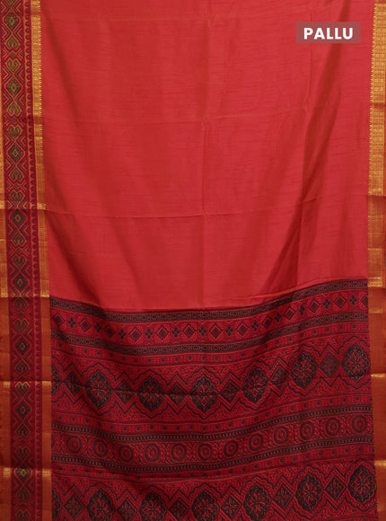 Semi tussar saree dual shade of pinkish orange with plain body and ikat woven zari border