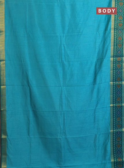 Semi tussar saree dual shade of teal blue with plain body and ikat woven zari border