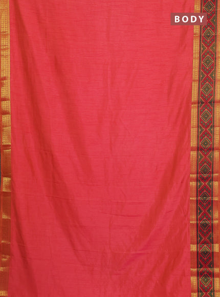 Semi tussar saree dual shade of pinkish orange with plain body and ikat woven zari border