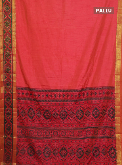 Semi tussar saree dual shade of pinkish orange with plain body and ikat woven zari border