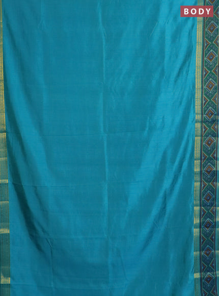 Semi tussar saree dual shade of teal blue with plain body and ikat woven zari border