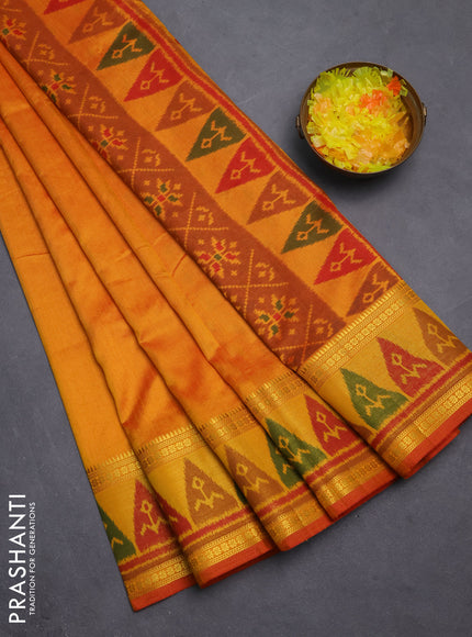 Semi tussar saree sunset orange and dark mustard with plain body and ikat woven zari border