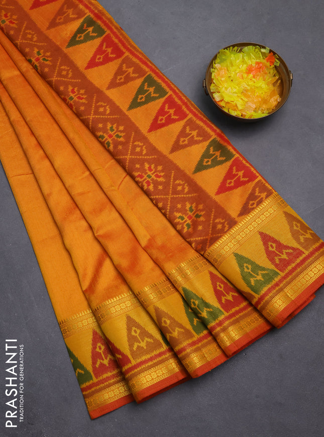 Semi tussar saree sunset orange and dark mustard with plain body and ikat woven zari border