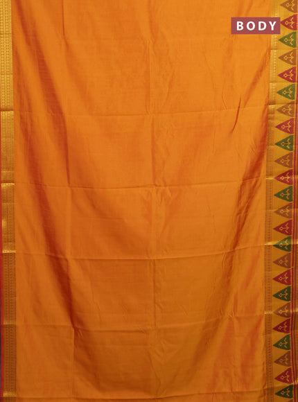 Semi tussar saree sunset orange and dark mustard with plain body and ikat woven zari border