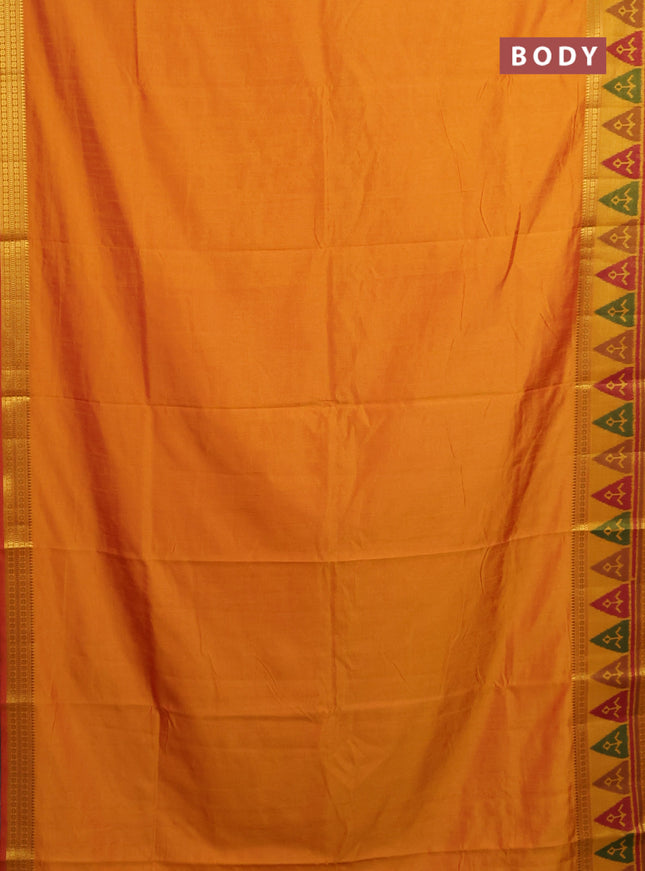 Semi tussar saree sunset orange and dark mustard with plain body and ikat woven zari border