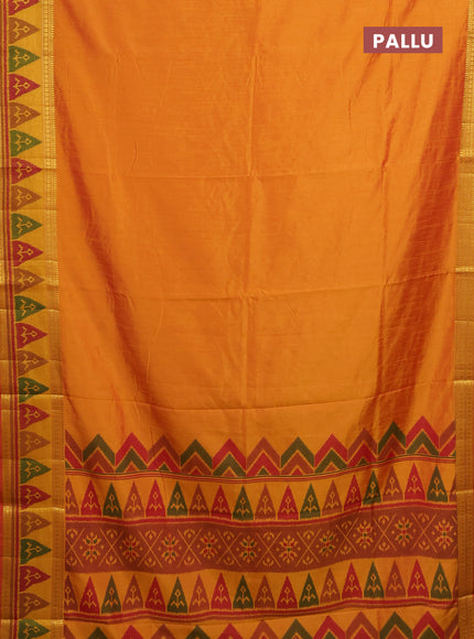 Semi tussar saree sunset orange and dark mustard with plain body and ikat woven zari border