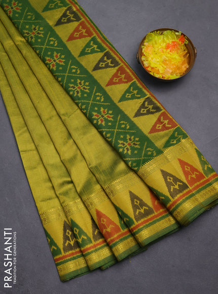 Semi tussar saree dual shade of light green with plain body and ikat woven zari border