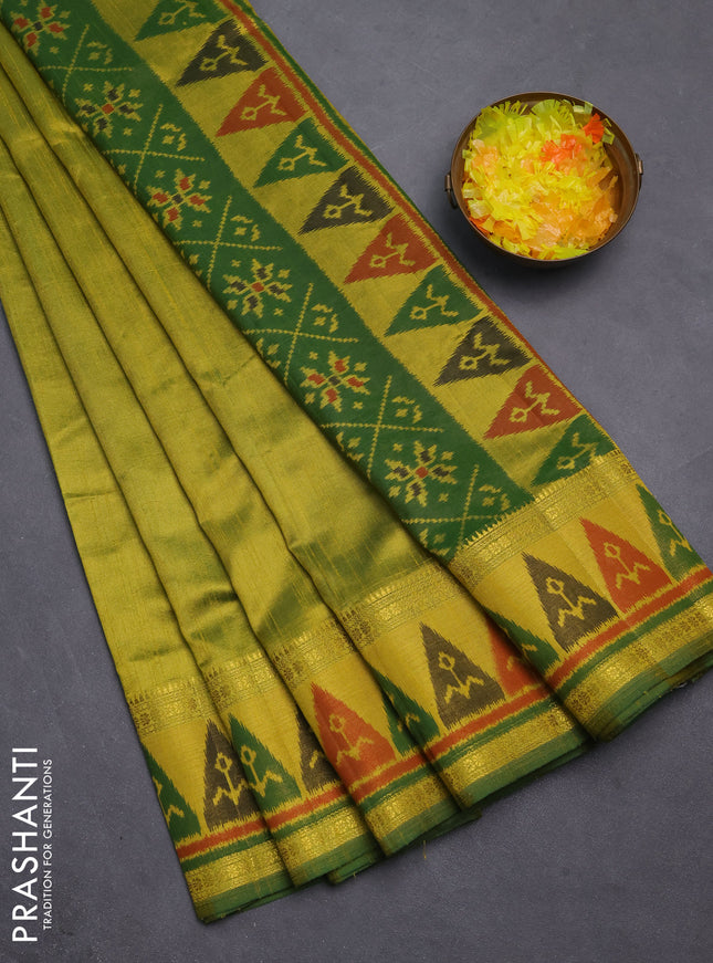 Semi tussar saree dual shade of light green with plain body and ikat woven zari border
