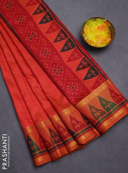 Semi tussar saree dual shade of pinkish orange with plain body and ikat woven zari border