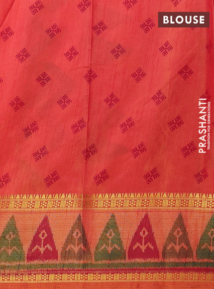 Semi tussar saree dual shade of pinkish orange with plain body and ikat woven zari border