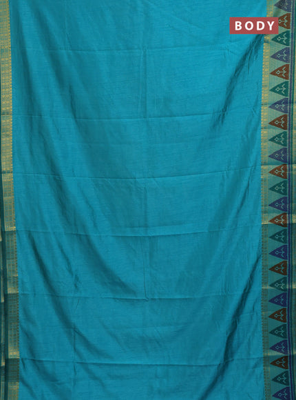 Semi tussar saree dual shade of teal blue with plain body and ikat woven zari border