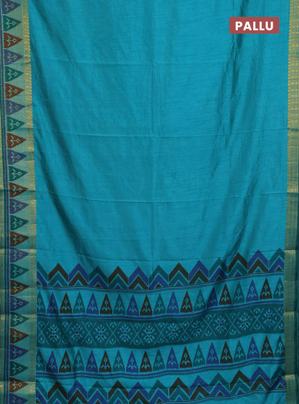 Semi tussar saree dual shade of teal blue with plain body and ikat woven zari border