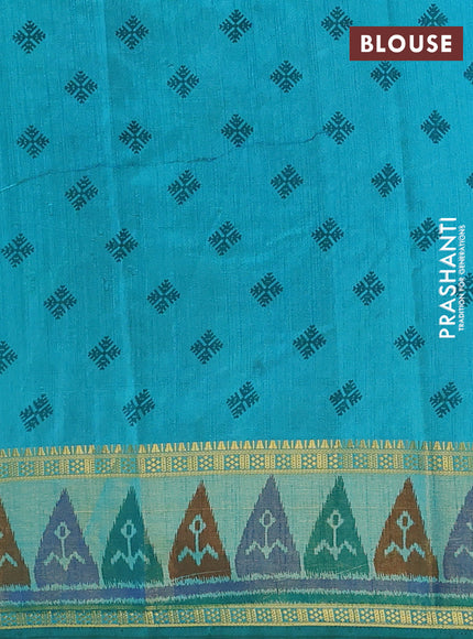 Semi tussar saree dual shade of teal blue with plain body and ikat woven zari border