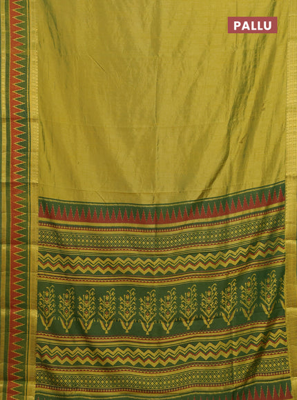 Semi tussar saree light green and green with plain body and ikat woven zari border