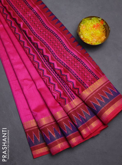 Semi tussar saree pink and maroon with plain body and ikat woven zari border